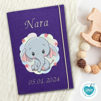 U-Heft Hülle lila Designbeispiel Elefant Mädchen mit Sternen